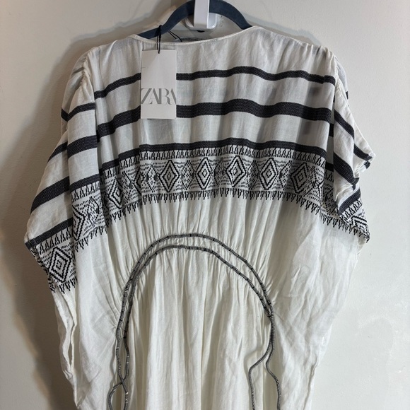 ZARA Sz M-L Gauzy Drawstrings Tassels Beaded V-Neck Striped Maxi Dress NEW - Picture 9 of 13